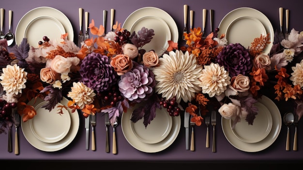 Artisanal Thanksgiving Tablescape Dekoracje podkreślone w plum purpurowy rustykalny pomarańczowy brązowy ziemny