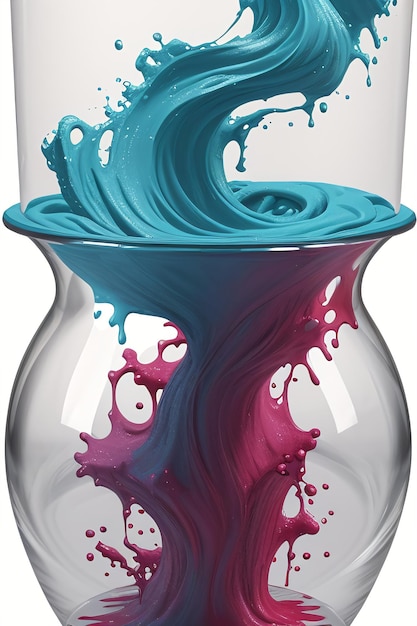 Zdjęcie artistic splash namaluj wazon z płynną falą w środku i różową i niebieską cieczą wewnątrz