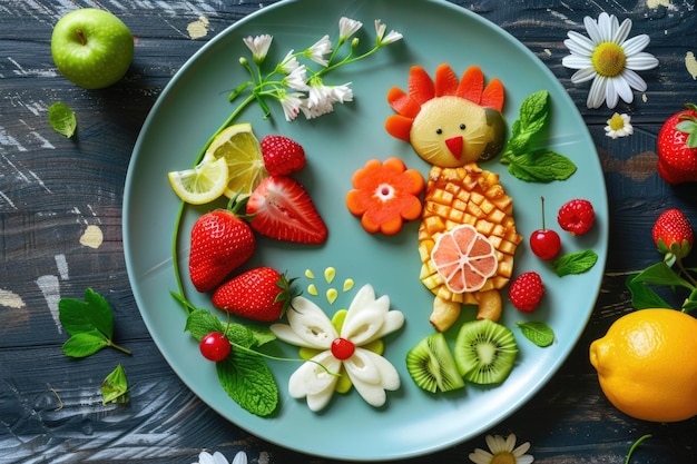 Zdjęcie artistically arranged colorful plate with fruits and vegetables shaped as animals