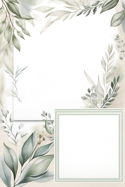 Zdjęcie artykuły papiernicze o minimalistycznym designie i liściastym akwarelowym obramowaniu pocztówka z akwarelowymi kwiatami generative ai