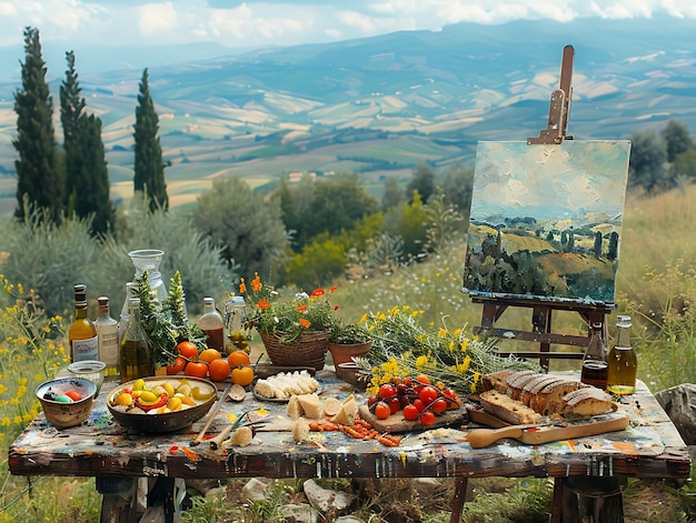 Artyści malują krajobrazy na włoskiej wsi Piknik Sąsiad Działalność wakacyjna Tło