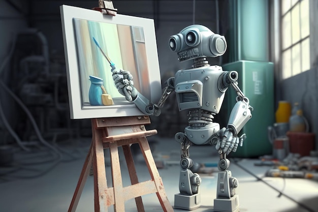 Artyści robotów sztucznej inteligencji AI malują lub generują obraz, tworząc obraz z tekstu Generative AI