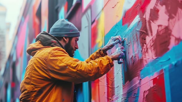 Artysta graffiti w żółtej kurtce i niebieskiej czapce jest zajęty pracą, dodając żywe kolory do ściany w środowisku miejskim