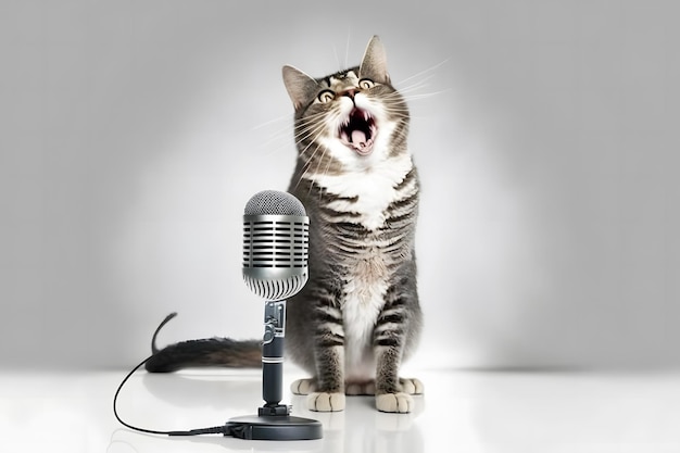 Artysta-kot śpiewa do mikrofonu Wygenerowana sztuczna inteligencja sieci neuronowej