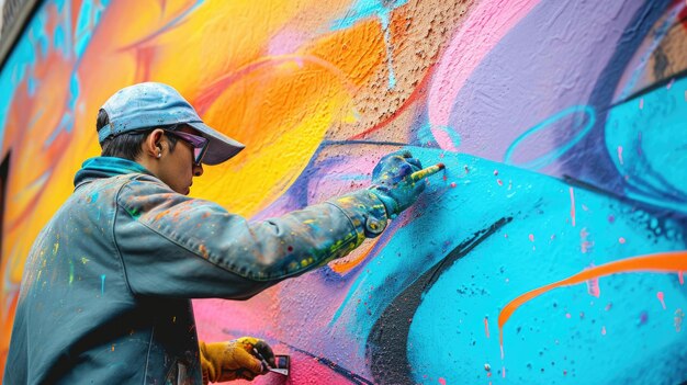 Artysta malujący mural na miejskiej ścianie kolorowa sztuka uliczna wspaniała