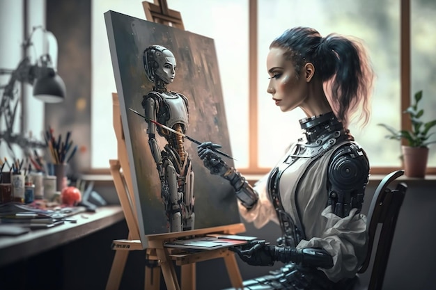 Artysta-robot malujący w warunkach studyjnych, tworzący sztukę za pomocą technologii AI AI