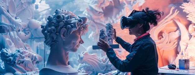 Zdjęcie artysta wirtualnej rzeczywistości tworzący rzeźbę 3d w futurystycznym studiu