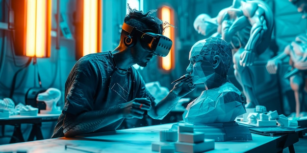 Artysta wirtualnej rzeczywistości tworzący rzeźbę 3D w futurystycznym studiu