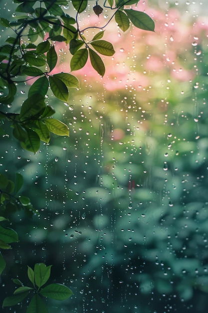 Zdjęcie artystyczna interpretacja wiosennego deszczu z kropelami deszczu pokazującymi gradient kolorów od pastelowo-różowego do jasnozielonego