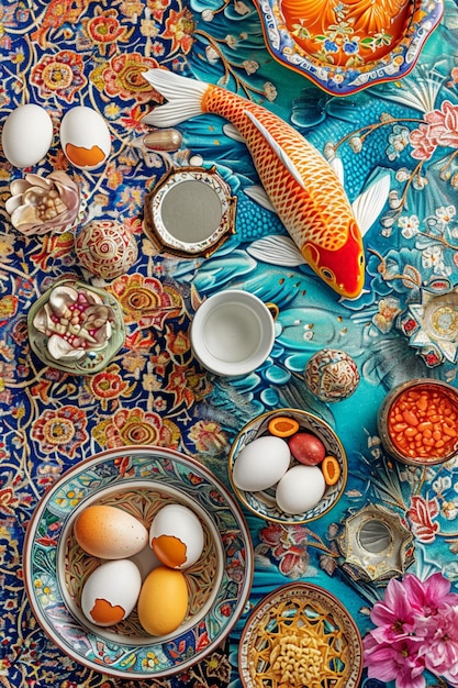 Zdjęcie artystyczna reprezentacja symboli nowruz, takich jak malowane jajka