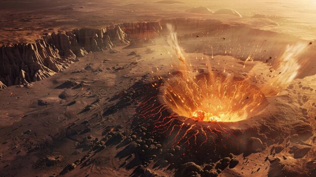Zdjęcie artystyczna reprezentacja tworzącego się krateru uderzeniowego z płonącymi szczątkami i rozprzestrzeniającymi się falami uderzenia