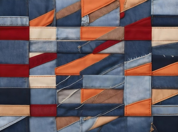 Artystyczne abstrakcyjne tło wykonane z niebieskich i pomarańczowych dżinsów łaty transparent z tekstem miejsca kopiowania