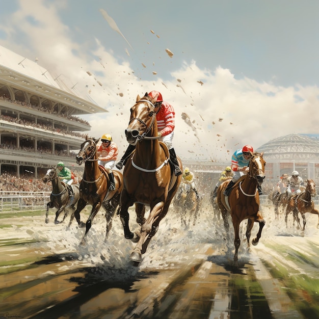 Artystyczne konie biegnące w grupie na torze wyścigowym