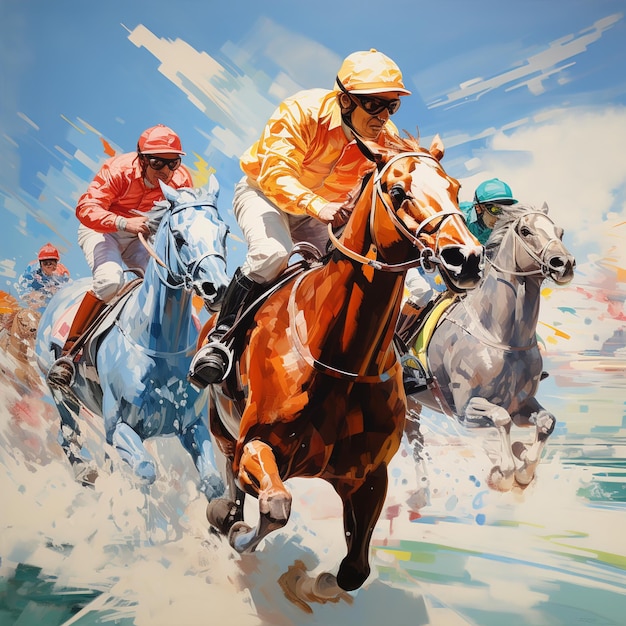 Artystyczne konie biegnące w grupie na torze wyścigowym