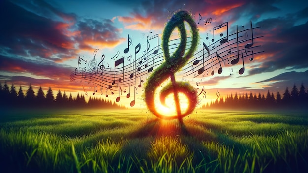 Zdjęcie artystyczne niebo za zachodem słońca z muzycznymi symbolami