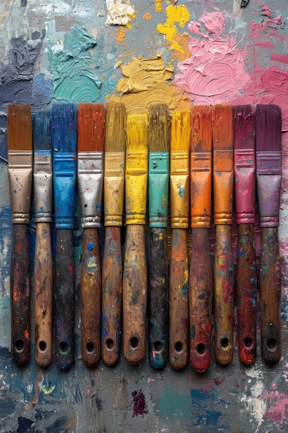 Artystyczne pędzle pomalowane farbą na tle pokrytym wielokolorowymi farbami olejowymi