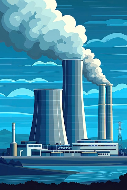 Artystyczne przedstawienie elektrowni emitującej dym na tle niebieskiego nieba