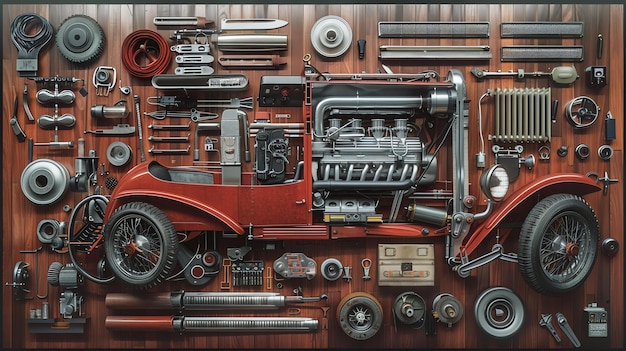 Artystyczne przedstawienie klasycznego samochodu składającego się z różnych narzędzi i części samochodowych wystawionych na drewnianym tle w przyjemnym dla wzroku układzie