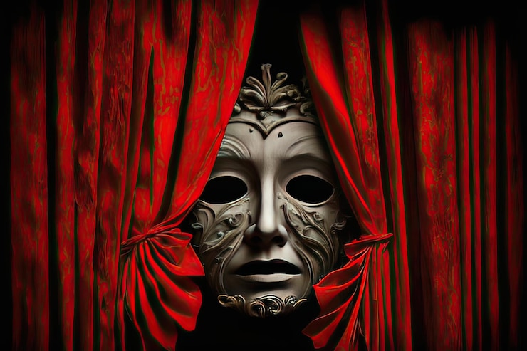 Zdjęcie artystyczne ujęcie maski teatru dramatycznego ze skomplikowanymi detalami i zapadającym w pamięć wyrazem twarzy na ciemnym i abstrakcyjnym tle z czerwonymi zasłonami po bokach wygenerowane przez ai