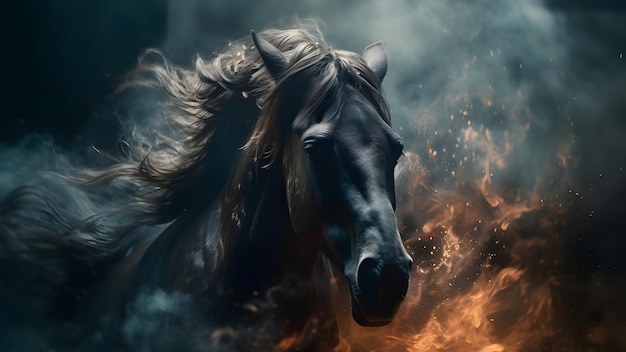 artystycznie oświetlona głowa konia z dymem i oparami na czarnym tle Wygenerowano sieć neuronową