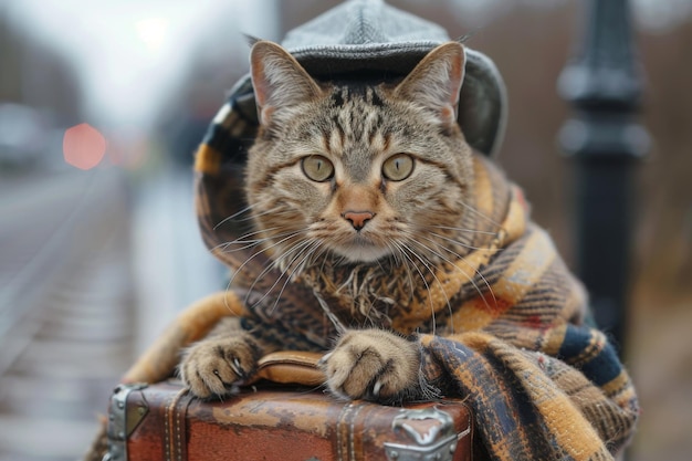 Artystycznie przedstawiony antropomorficzny kot przebrany za bezdomnego włóczęgę z kapeluszem i szalikem chodzi wzdłuż miejskiego tła