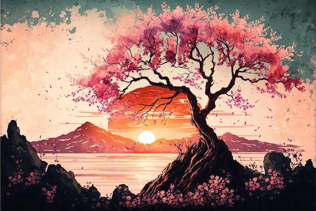 Artystyczny krajobraz z kwiatami wiśni i zachodem słońca malowany akwarelą w stylu vintage