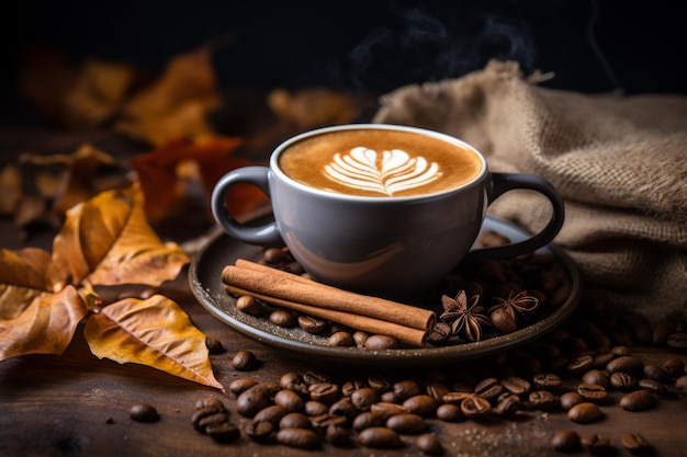 Artystyczny kubek kawy z latte art i jesiennymi liśćmi