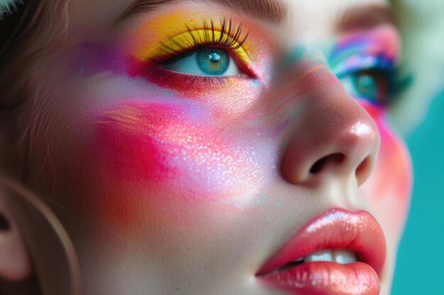 Artystyczny makijaż na twarzy kobiety z żywymi kolorami