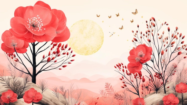 artystyczny obraz czerwonych kwiatów i motyli