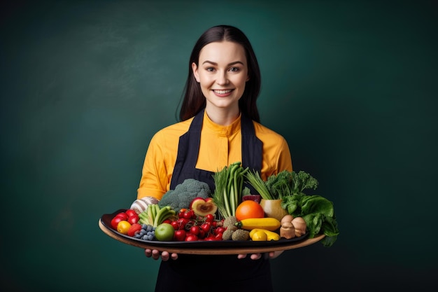 Artystyczny portret pięknej dietetyczki trzymającej tacę ze świeżymi warzywami