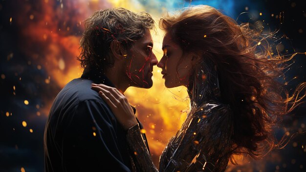 Zdjęcie artystyczny portret pięknej pary z ogniem