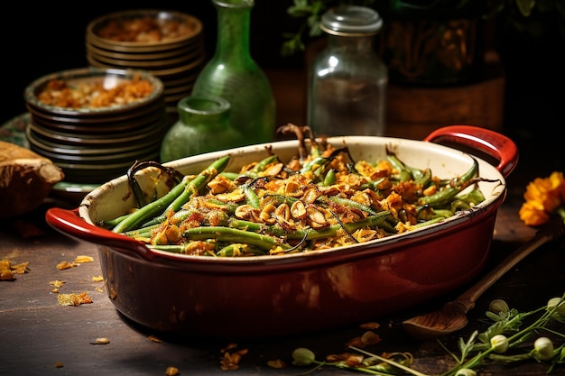 Zdjęcie artystyczny vintage casserole z zielonej fasoli