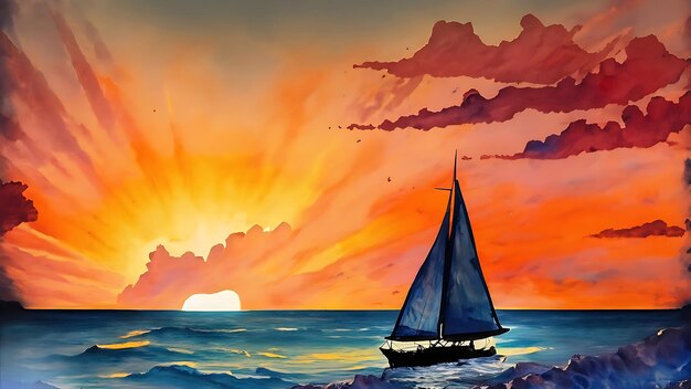 Artystyka akwarelowa Zachód słońca na morzu z żaglowcem