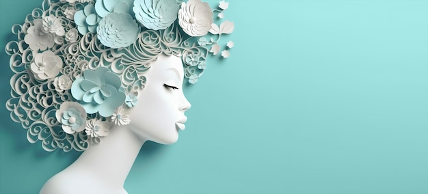 Artystyka papierowa piękne twarze kobiet na pastelowo-niebieskim tle wolna przestrzeń super ostra AI generowana