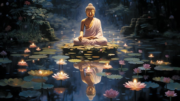 Asalha Puja Uroczystość oferująca tło ilustracja projekt buddyzm religia Generatywna sztuczna inteligencja