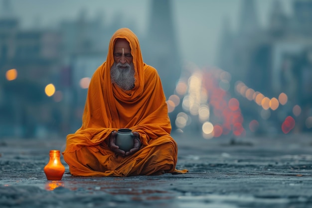 ascet sadhu siedzi o zmierzchu na ulicy w pozycji lotosu z żebraczym kubkiem