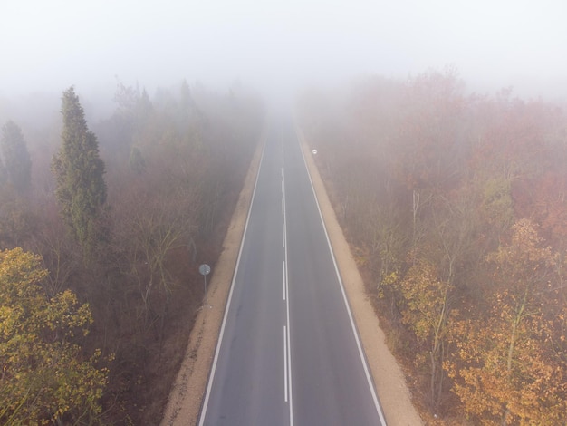 Asfaltowa autostrada w jesiennej mgle leśnej widok z lotu ptaka