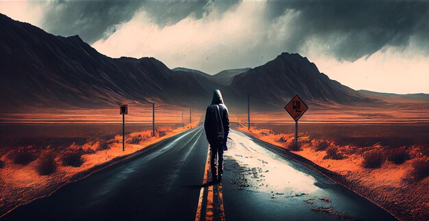 Asfaltowa droga rozciągająca się w odległość mężczyzna idący wzdłuż drogi AI wygenerował obraz