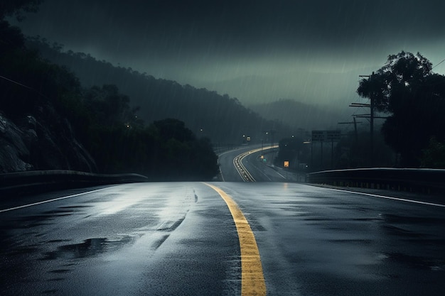 Asfaltowa kręta droga do miasta w deszczowej pogodzie