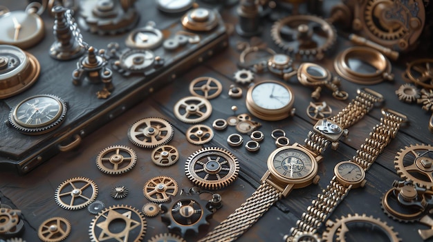 Asortyment akcesoriów steampunk, w tym zegarki, przekładnie i zęby. Przedmioty są wykonane z metalu i mają brązowy wykończenie.