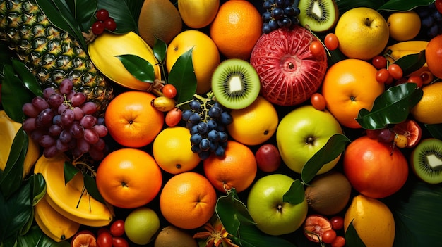 Asortyment kolorowych dojrzałych owoców tropikalnych z góry