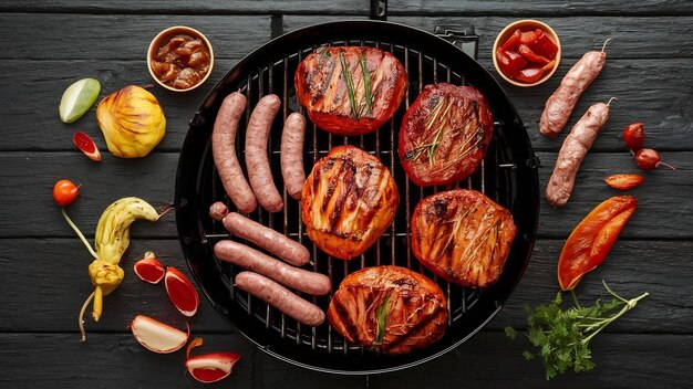 Asortyment marinowanego mięsa i kiełbas grillowanych na grillu na drewnianym tle