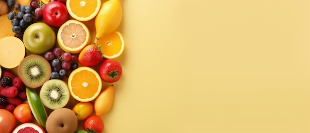 Asortyment owoców w pastelowym kolorze żółtym z miejsca na kopię
