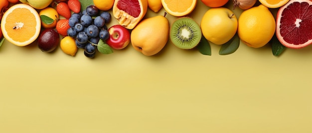 Zdjęcie asortyment owoców w pastelowym kolorze żółtym z miejsca na kopię