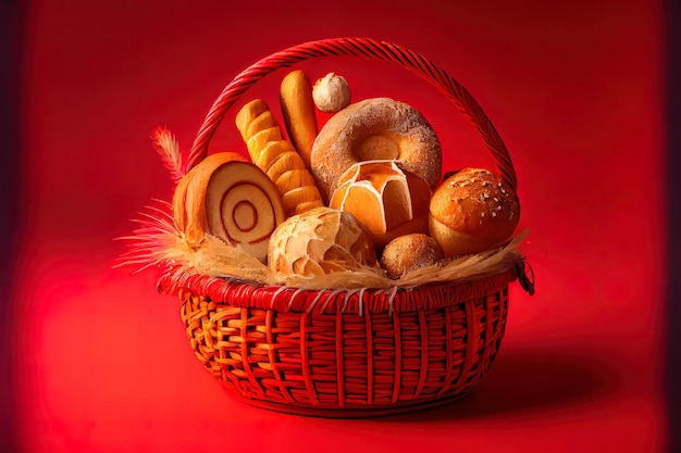 Asortyment pieczonego chleba w koszu na czerwonym tle żywności
