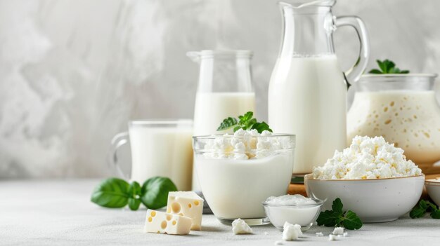 Zdjęcie asortyment produktów mlecznych na lekkim stole różne rodzaje serów i serów domowych