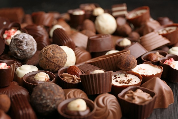 Asortyment pysznych cukierków czekoladowych tła z bliska