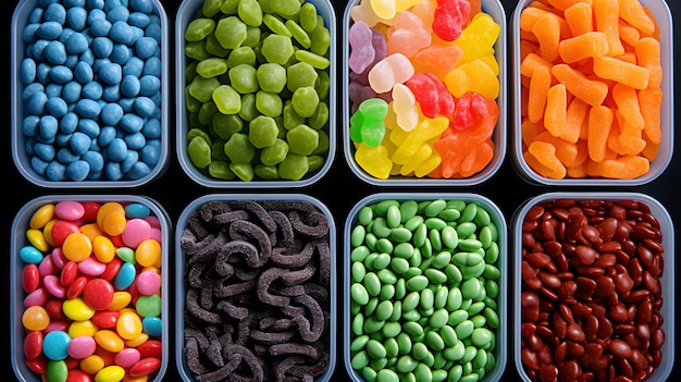 Asortyment różnorodnych kolorowych cukierków w kwadratowych tackach