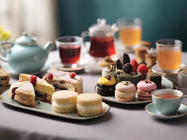 asortyment różnych rodzajów ciast i herbaty