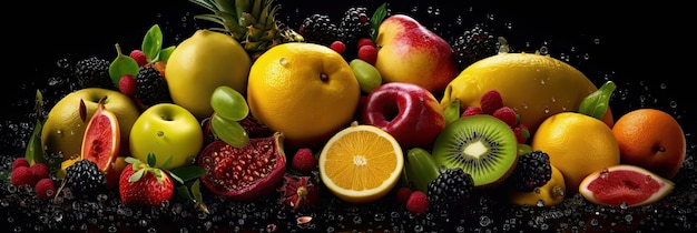 Asortyment świeżych owoców mieszanych Pyszne owoce tło Świeże owoce Szeroki baner Generatywna sztuczna inteligencja